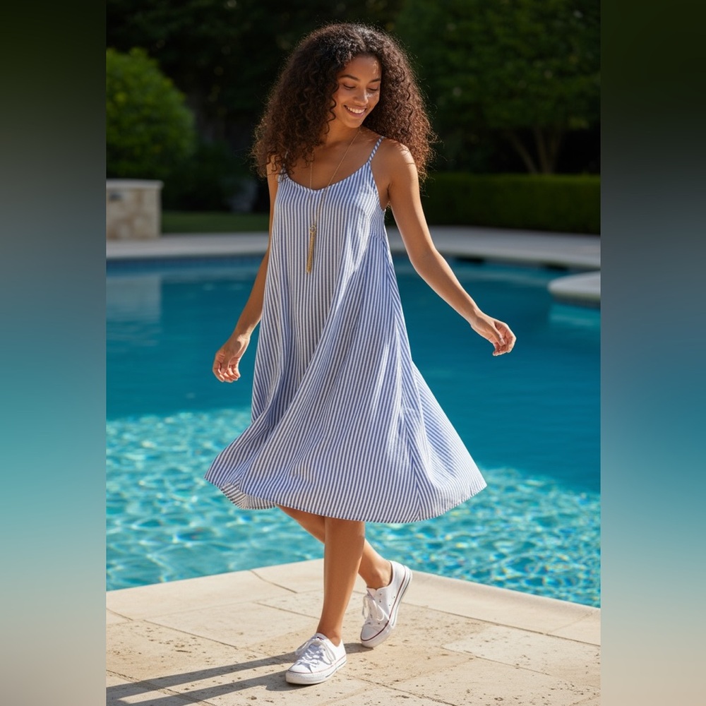 Creme De La Creme Blu Minimalist Striped Soft & Breezy Dress•XL